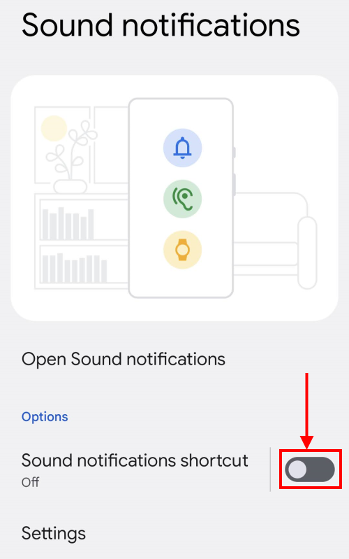 Tap the toggle switch for Sound notifications shortcut to turn it on